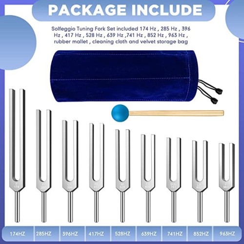 Professional Sacred Solfeggio Tuning Fork Set - 9 Tuning Forks Perfect for Sound Therapy, Keep Body, Mind and Spirit in Perfect Harmony 