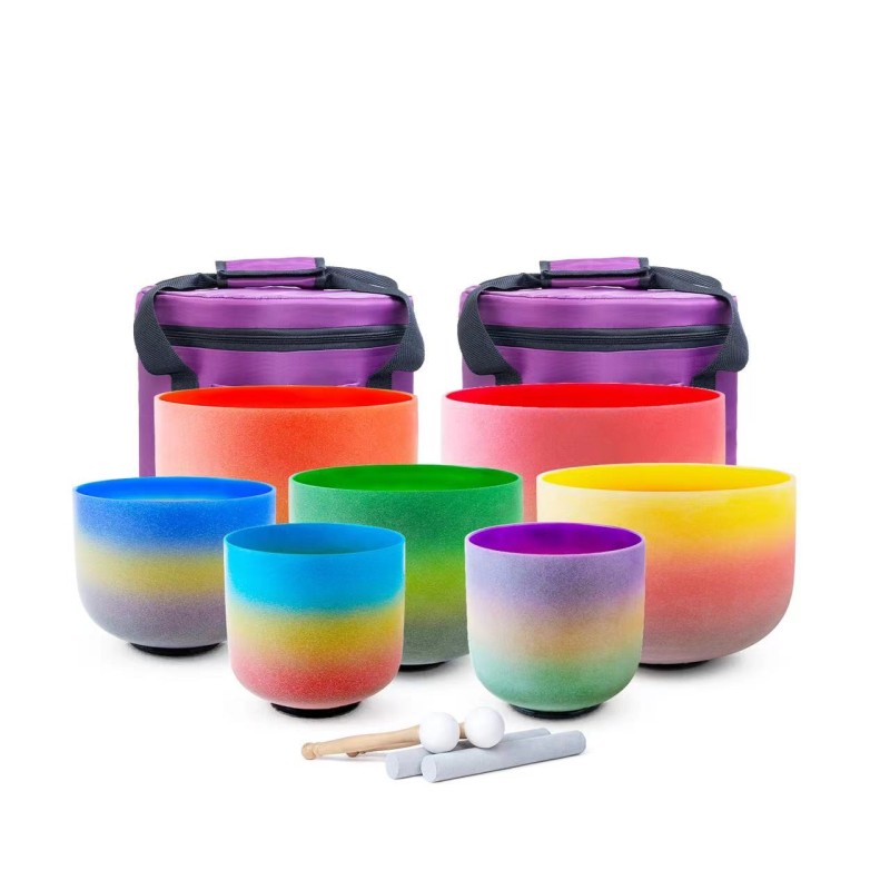 7 PCS 6"-12"/7"-13"/8"-14" Rainbow Color Crystal Singing Bowl Set For Sound Healing Meditation Bowls in Perfect Pitch With Carry Bags 